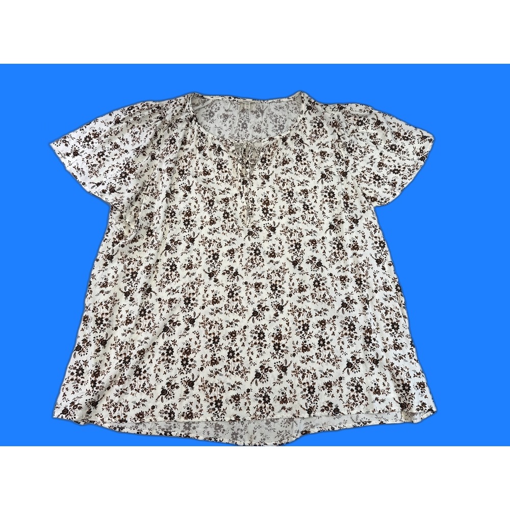 CONO RLU Floral Blouse Women 3X Brown White Short Sleeve Plus Chiffon Neck Boho